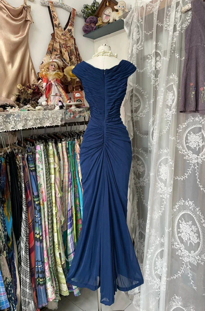 💎Vintage  Midnight Blue Mermaid Gown 🎐V Neck Pretty  Prom Dress for Events&Party