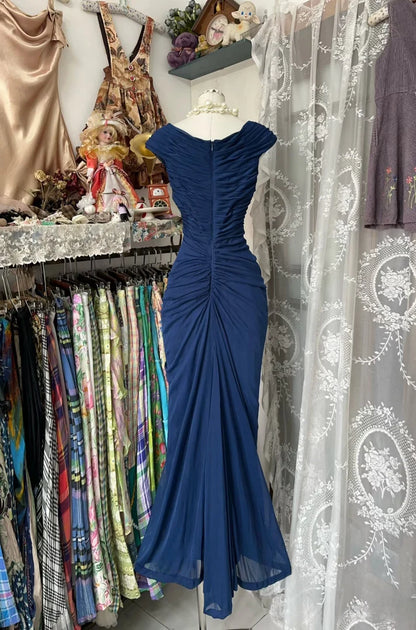 💎Vintage  Midnight Blue Mermaid Gown 🎐V Neck Pretty  Prom Dress for Events&Party
