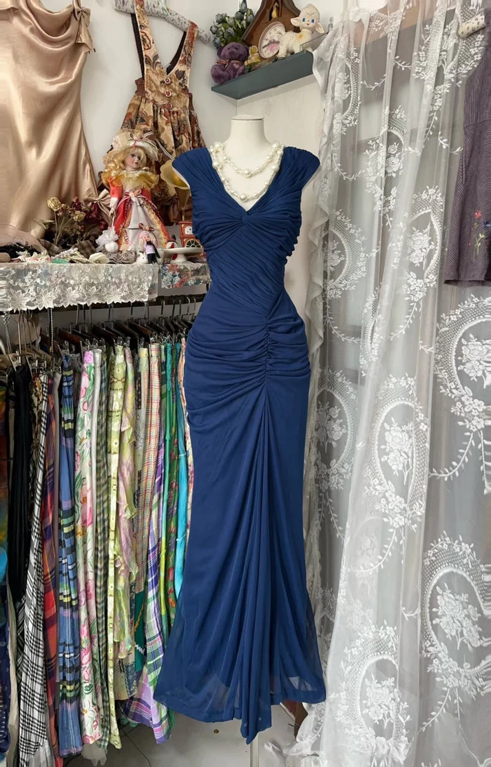 💎Vintage  Midnight Blue Mermaid Gown 🎐V Neck Pretty  Prom Dress for Events&Party