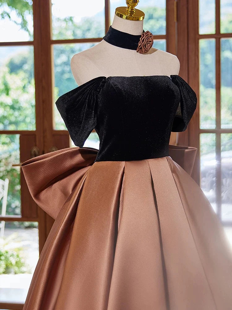 A-Line Off Shouder Satin Brown Long Prom Dress, Brown Long Formal Dress ED016