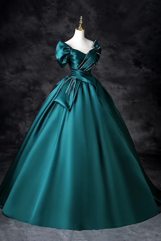 Robe de bal longue en satin bleu sarcelle, coupe trapèze, épaules dénudées, élégante robe de soirée ED01603