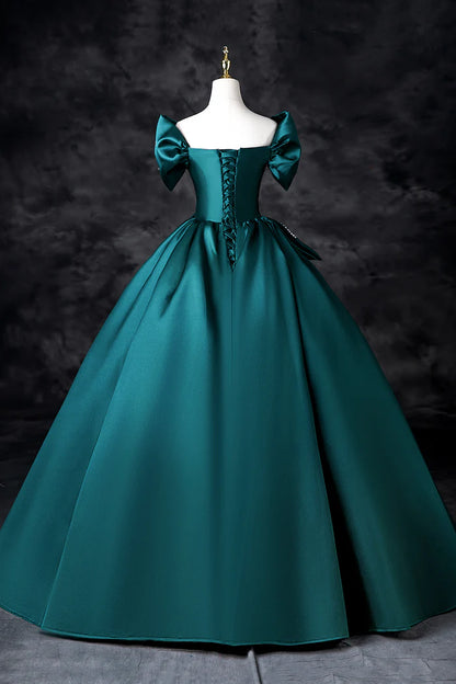 Teal A-Line Off the Shoulder Satin Long Prom Dress, Elegant Evening Dress ED01603