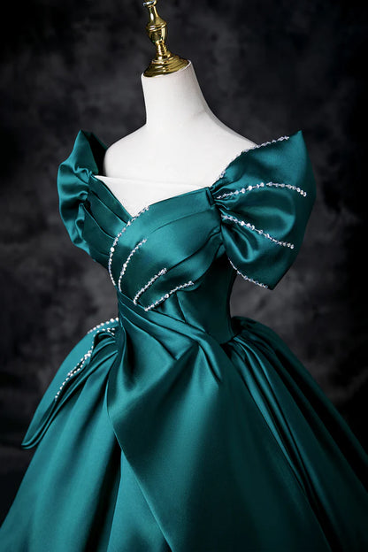 Teal A-Line Off the Shoulder Satin Long Prom Dress, Elegant Evening Dress ED01603