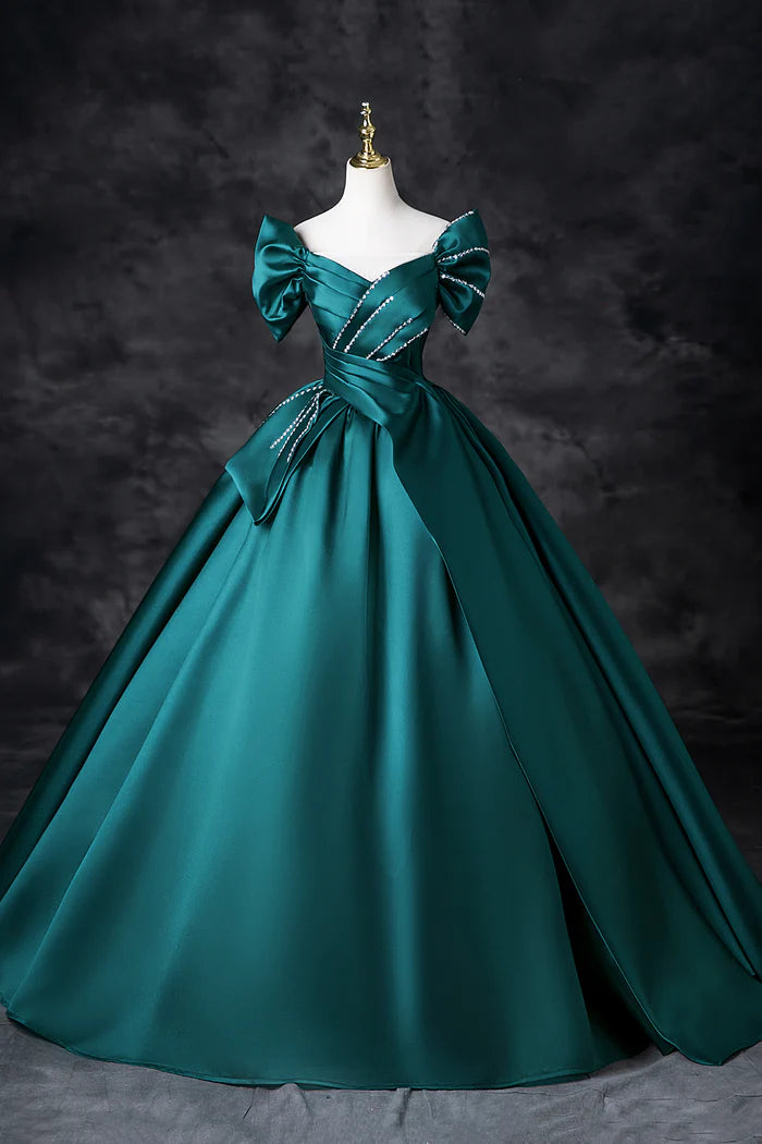 Teal A-Line Off the Shoulder Satin Long Prom Dress, Elegant Evening Dress ED01603
