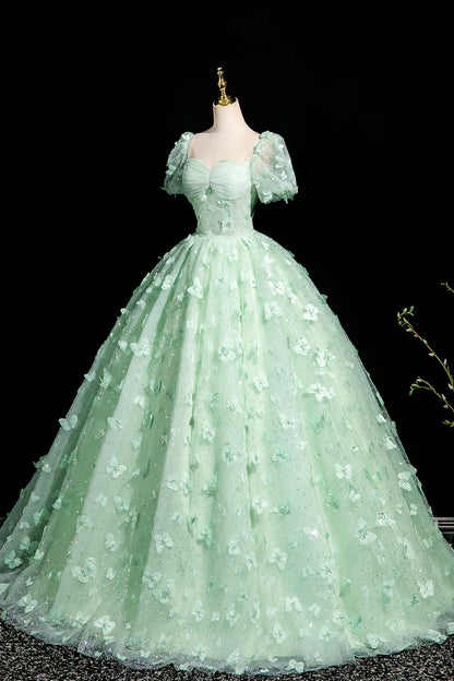 Robe de bal longue verte trapèze en tulle et paillettes, magnifique robe de soirée papillon 3D ED01605