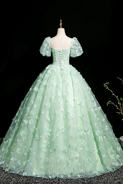 Robe de bal longue verte trapèze en tulle et paillettes, magnifique robe de soirée papillon 3D ED01605