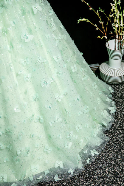 Robe de bal longue verte trapèze en tulle et paillettes, magnifique robe de soirée papillon 3D ED01605