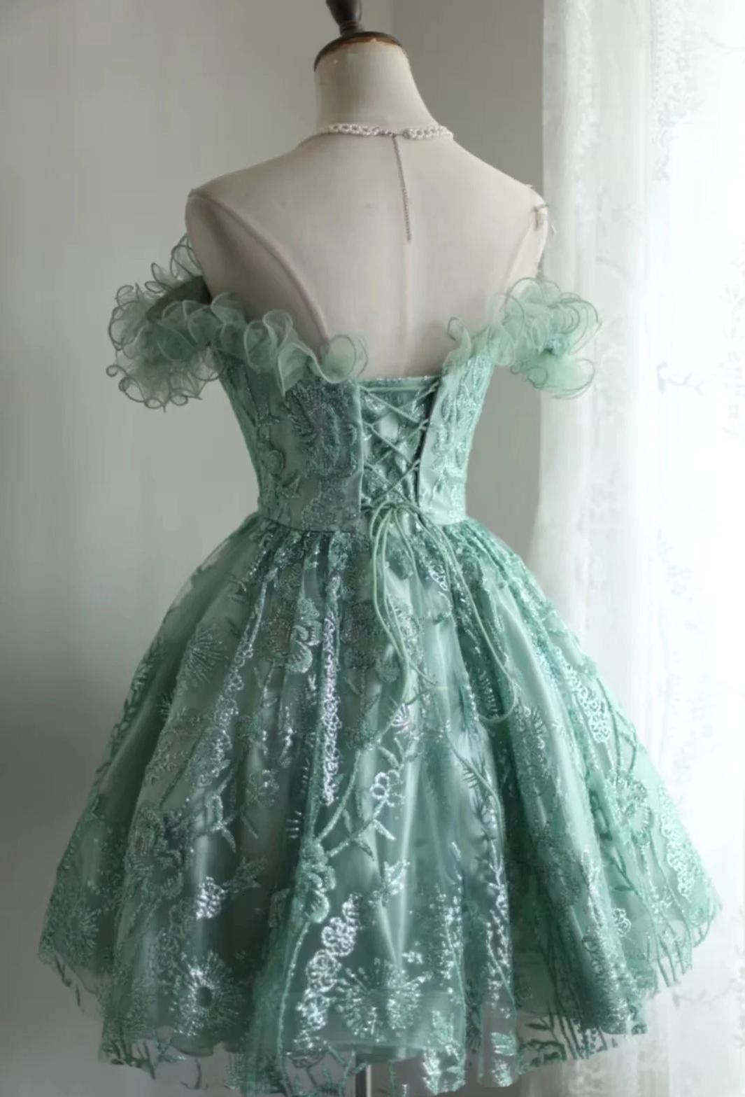 Grünes A-Linien-Tüll-Kurzes Ballkleid mit Perlen und Pailletten ED01608