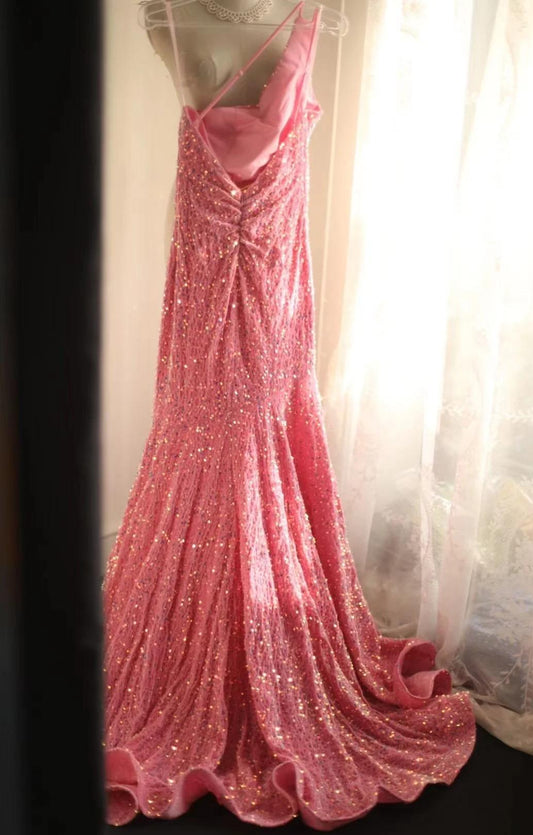 Robe de soirée longue plissée à paillettes, style sirène, asymétrique, rose, dos nu, ED01608