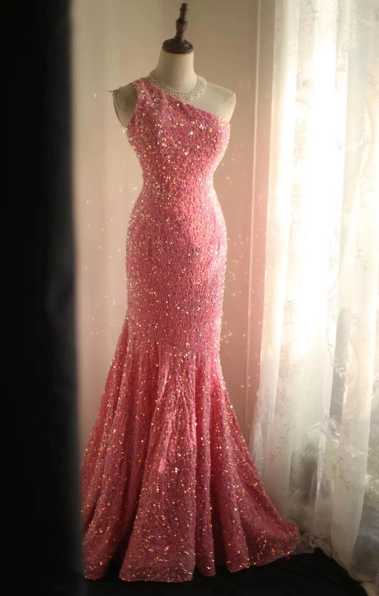 Robe de soirée longue plissée à paillettes, style sirène, asymétrique, rose, dos nu, ED01608