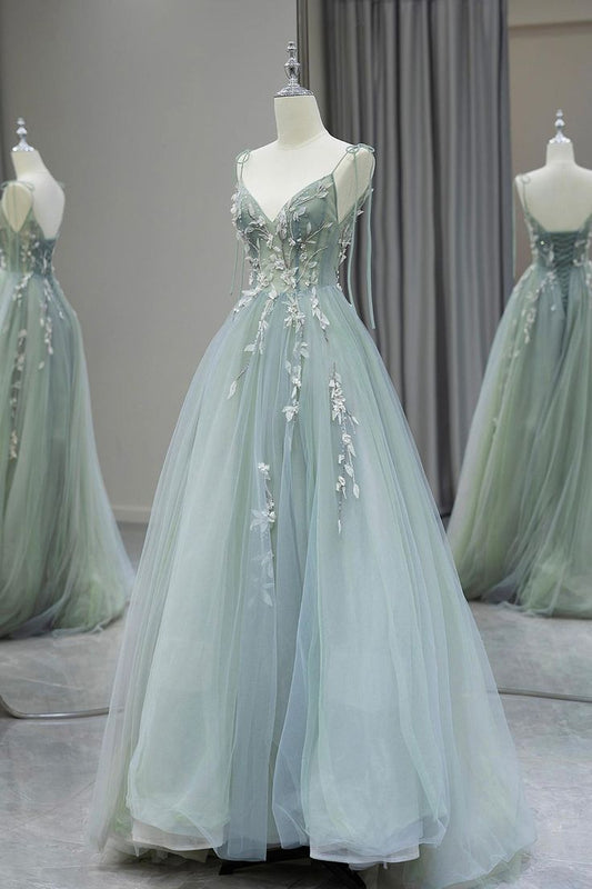 Robe de bal longue trapèze à col en V et tulle, avec appliques perlées et bretelles spaghetti, robe de soirée formelle ED01611