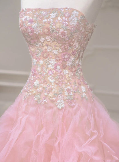 Pink Mermaid Strapless Tulle Sequined Long Prom Dress, Sweet Embroidered Applique Wedding Dress ED01612
