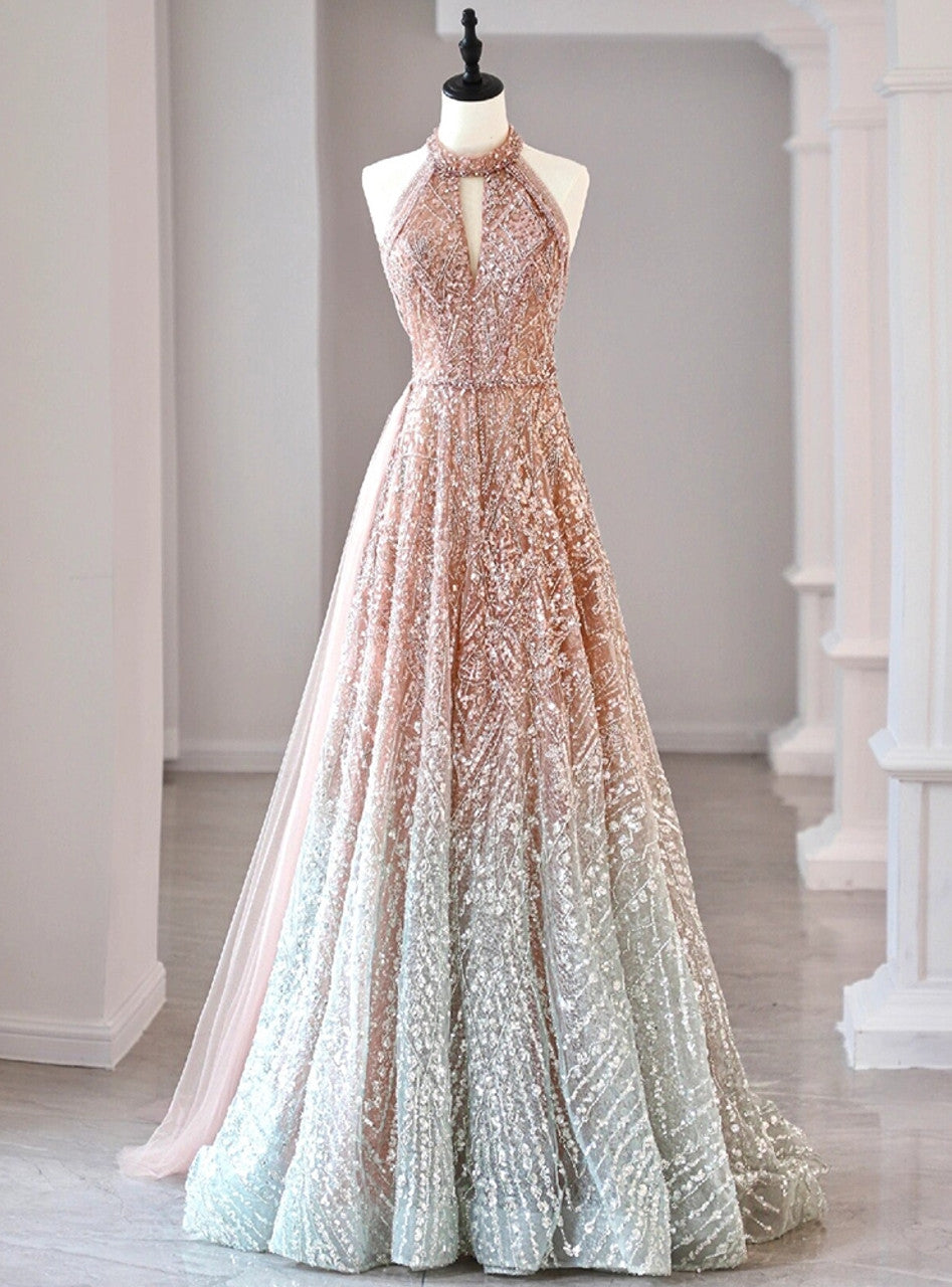 A-Line Halter Neck Sequined Tulle Long Prom Dress, Formal Evening Dres EvaFashionDress A-Line Halter Neck Sequined Tulle Long Prom Dress, Formal Evening Dres EvaFashionDress