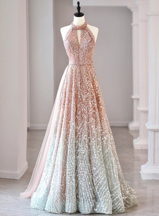 A-Line Halter Neck Sequined Tulle Long Prom Dress, Formal Evening Dress ED01614