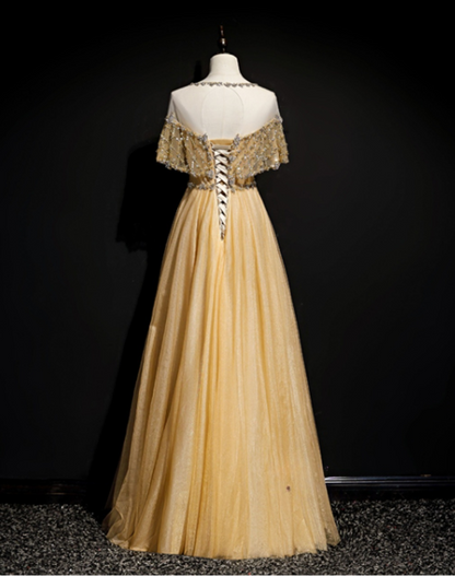 Robe de bal longue en tulle doré, coupe trapèze, perles et paillettes, manches en feuille de lotus, ED01615