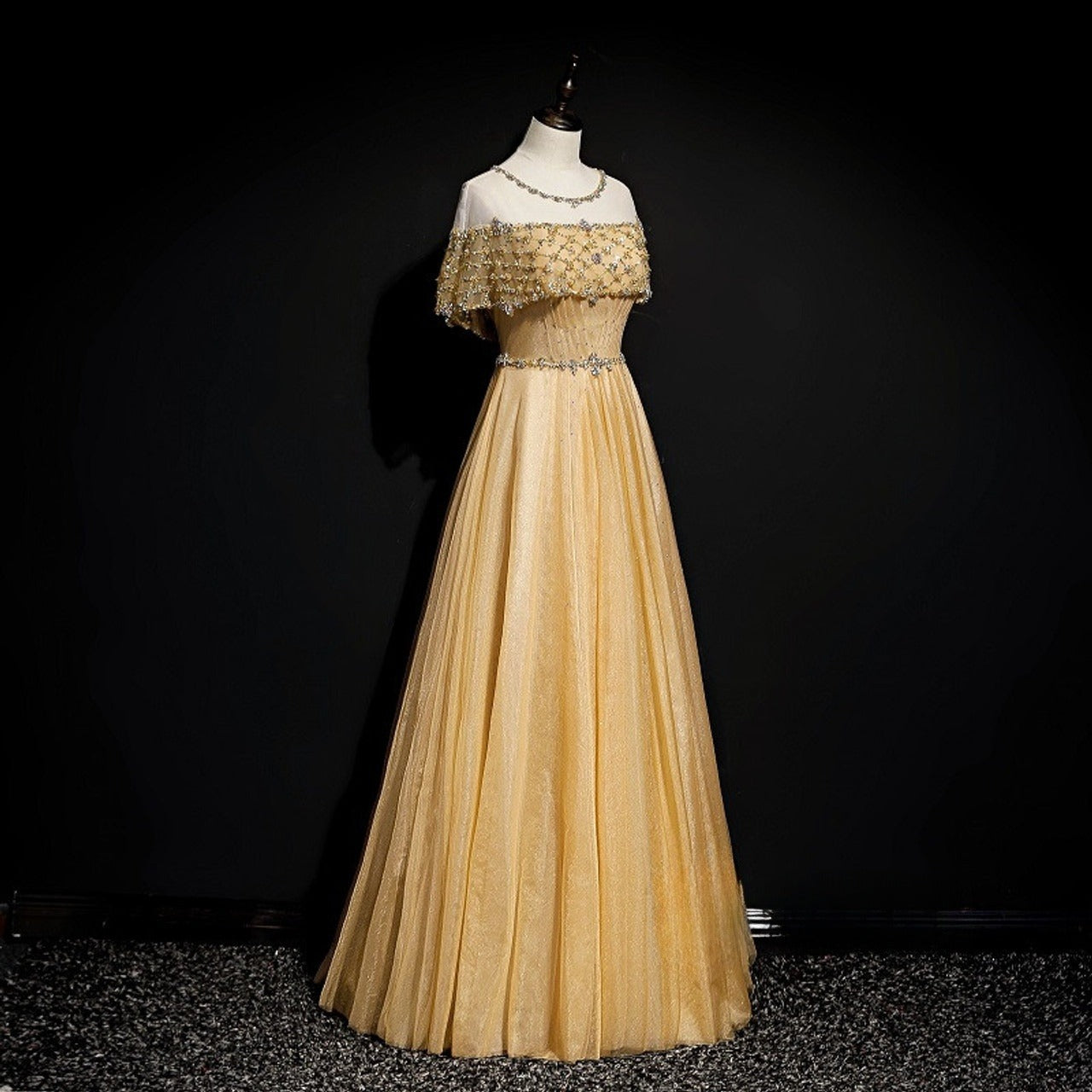 Robe de bal longue en tulle doré, coupe trapèze, perles et paillettes, manches en feuille de lotus, ED01615