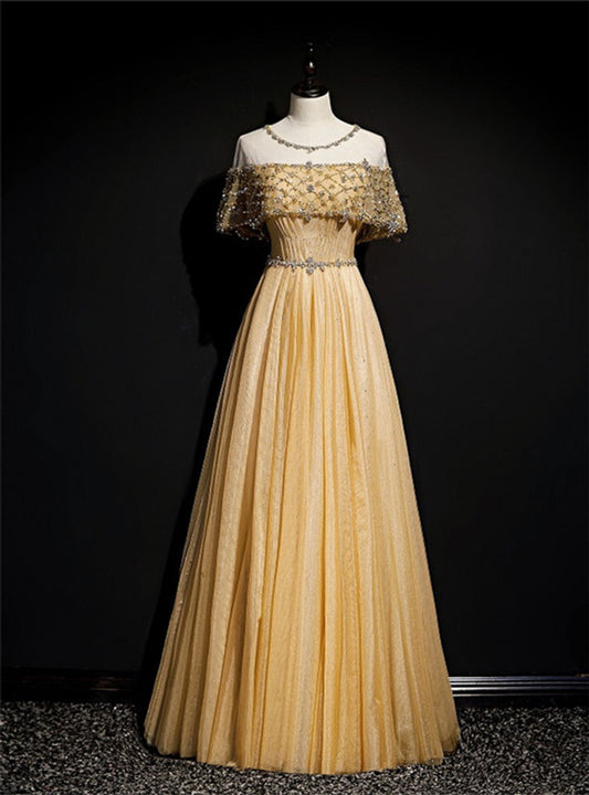 Robe de bal longue en tulle doré, coupe trapèze, perles et paillettes, manches en feuille de lotus, ED01615