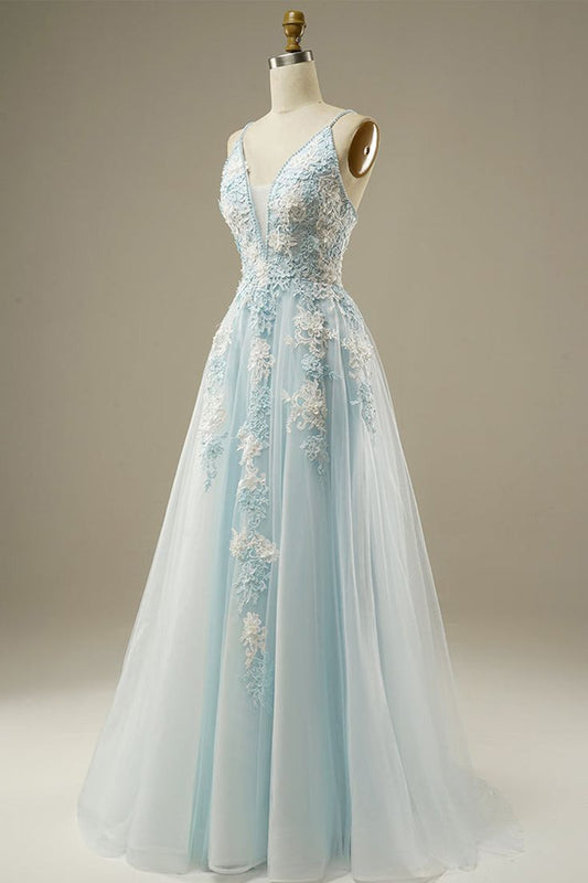 Light Blue A-Line Spaghetti Strap Tulle Beading Long Prom Dress Sweet Embroidery Applique Evening Dress for Graduation ED01617