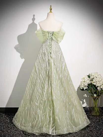 Sage A-Line Off the Shoulder Glittering Tulle Sequins Long Prom Dress Sweet 16 Dress ED01618