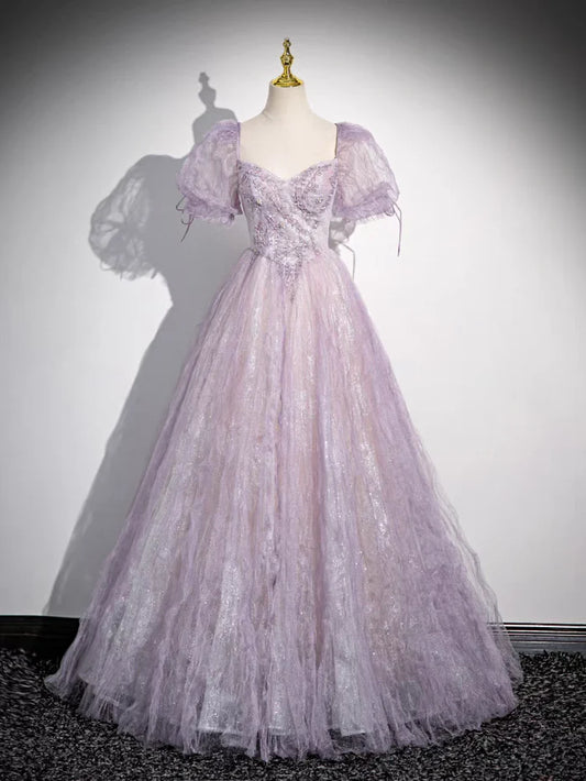 Sweet Lilac A-Line Sweetheart Tulle Beaded Long Prom Dress Puffy Sleeves Graduation Dress ED01619