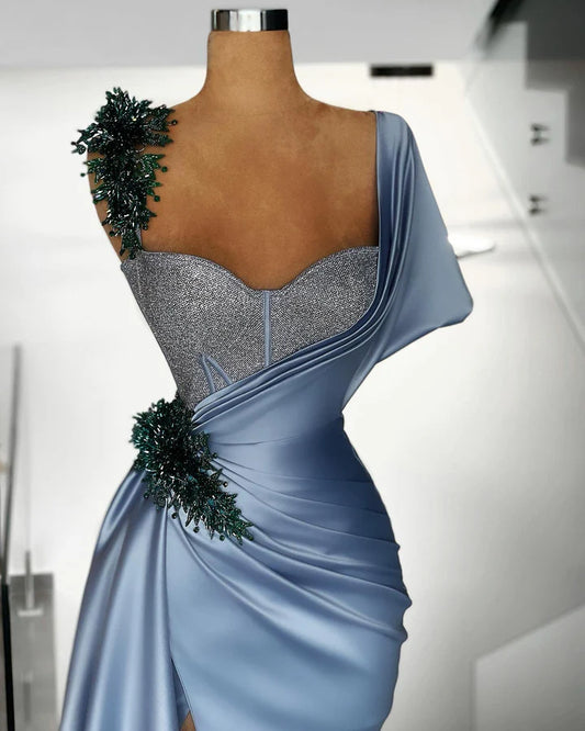 Blue Mermaid Sweetheart Satin Long Prom Dress Beaded One Shoulder Formal Evening Dress ED01623