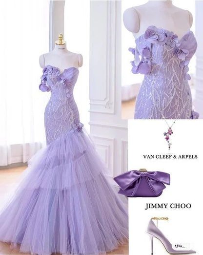 Purple Mermaid Sweetheart Neck Tulle Beaded Long Prom Dress Strapless Sequin Applique Wedding Dress ED01625