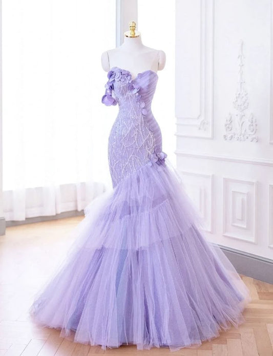 Purple Mermaid Sweetheart Neck Tulle Beaded Long Prom Dress Strapless Sequin Applique Wedding Dress ED01625