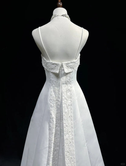 A-Line Spaghetti Strap Beaded Satin Long Prom Dress White Wedding Dress Graduation Prom Dress ED01630