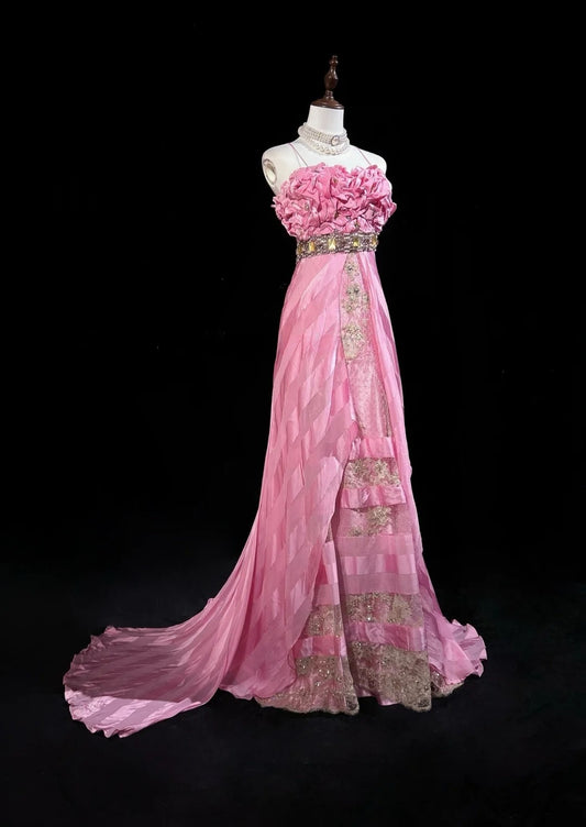 Robe de bal sirène rose à bretelles spaghetti en satin perlé, longue, magnifique robe de demoiselle d'honneur, robe d'anniversaire ED01632