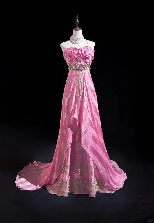 Robe de bal sirène rose à bretelles spaghetti en satin perlé, longue, magnifique robe de demoiselle d'honneur, robe d'anniversaire ED01632