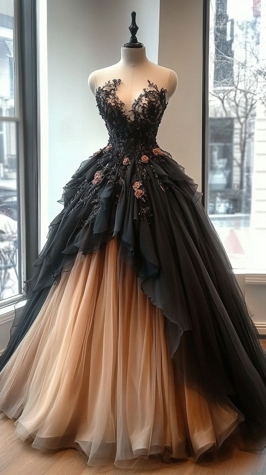 A-Line Sweetheart Neck Beaded Tulle Long Prom Dress Lace Applique Wedding Dress Evening Dress ED01636