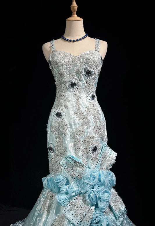 Sky Blue Mermaid Spaghetti Straps Organza Diamond Long Prom Dress Lace Floral Evening Gown ED01638