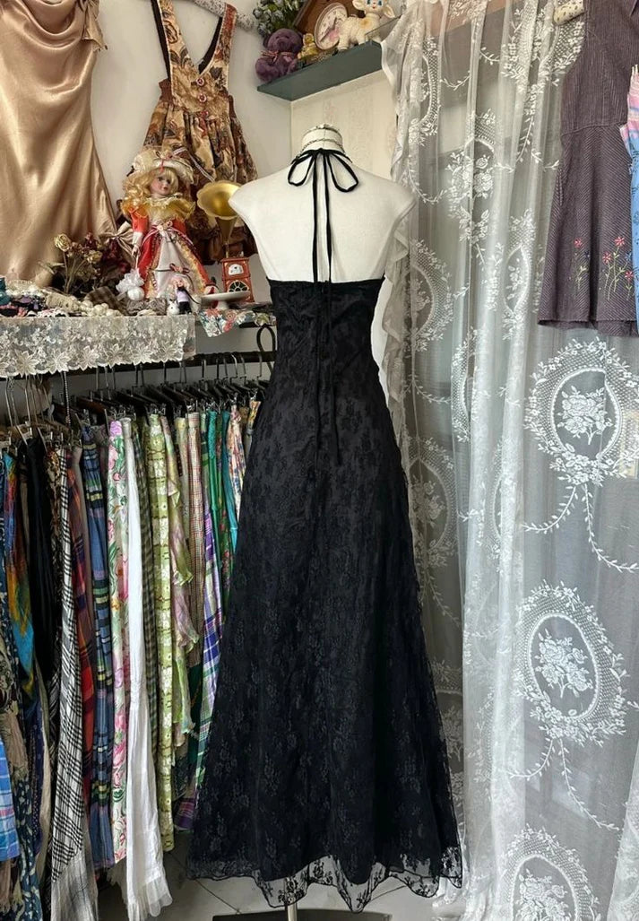 Enchanted Black A-Line  Ball Gown 💫Chiffon&Tulle Princess Halter  Open Back Design for Galas & Formal Events 