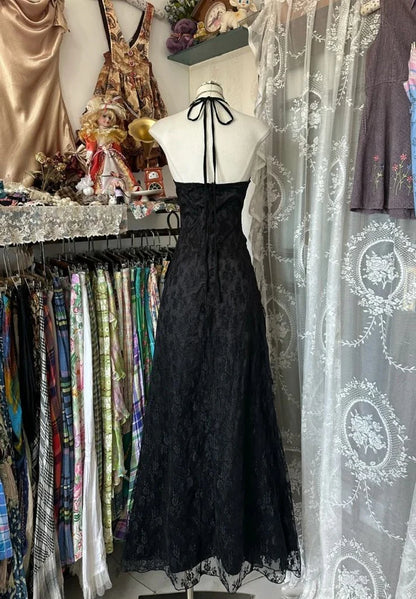 Enchanted Black A-Line  Ball Gown 💫Chiffon&Tulle Princess Halter  Open Back Design for Galas & Formal Events 