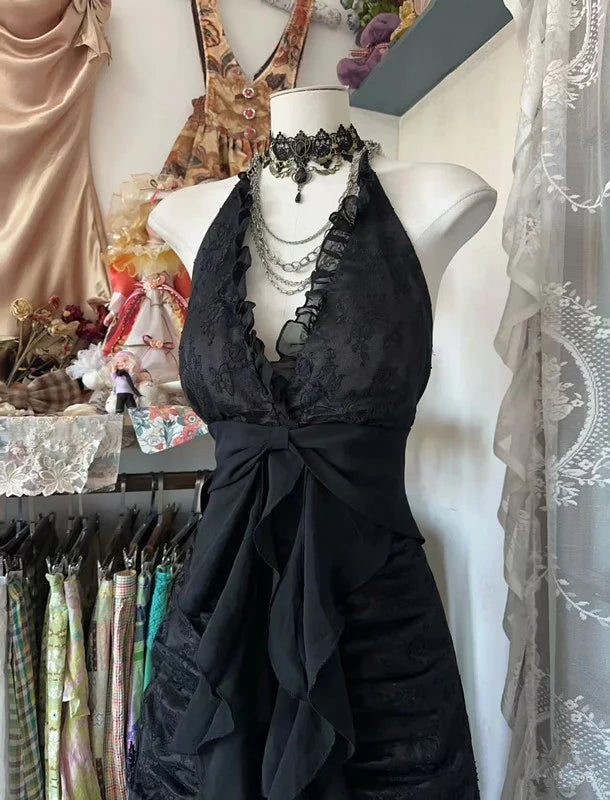 Enchanted Black A-Line  Ball Gown 💫Chiffon&Tulle Princess Halter  Open Back Design for Galas & Formal Events 