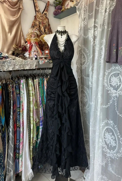 Enchanted Black A-Line  Ball Gown 💫Chiffon&Tulle Princess Halter  Open Back Design for Galas & Formal Events 