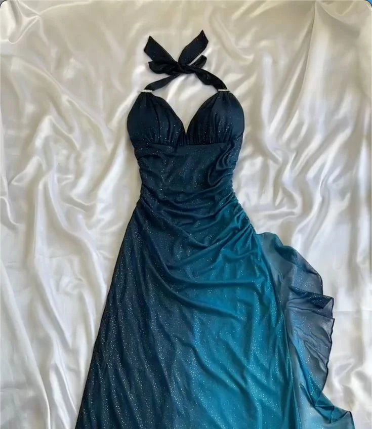 Shiny ✨Chiffon Prom Dress for Party&Birthday Elegant Halter Sweetheart Niche Ruffled Evening Gown