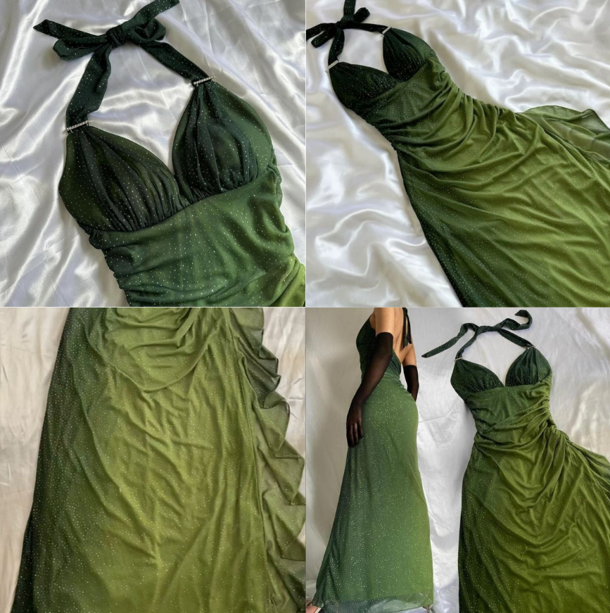 Green Halter Neck Sheath Glitter Chiffon Ruffles Formal Dresses