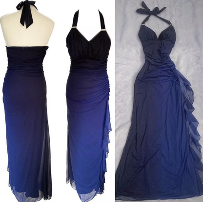 Dark Purple Halter Sheath Glitter Chiffon Ruffle Formal Dresses