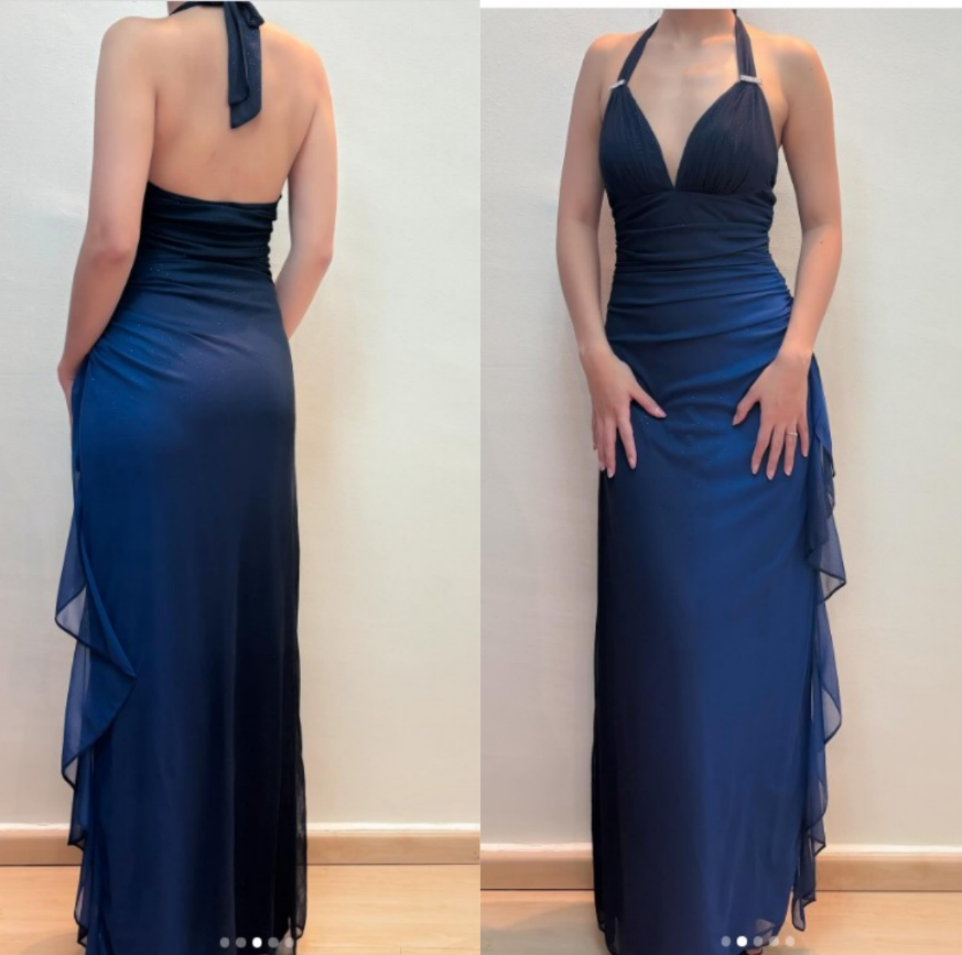 Navy Blue Halter Sheath Glitter Chiffon Ruffle Formal Dresses