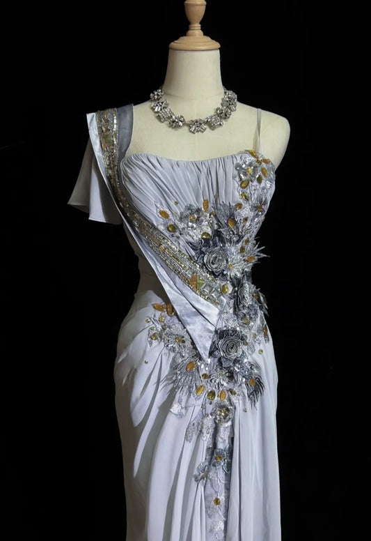 Mermaid Spaghetti Strap Chiffon Beaded Sequin Long Prom Dress Embroidered Applique Evening Gown ED01644