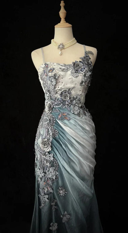 Elegant Chiffon Mermaid Gown  for Prom&Party Spaghetti Strap Sequined Applique Evening Gown 