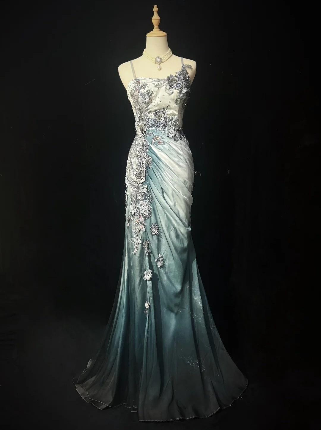 Elegant Chiffon Mermaid Gown  for Prom&Party Spaghetti Strap Sequined Applique Evening Gown 