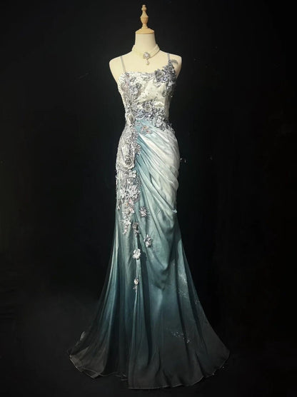 Elegant Chiffon Mermaid Gown  for Prom&Party Spaghetti Strap Sequined Applique Evening Gown 
