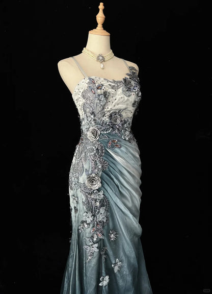 Elegant Chiffon Mermaid Spaghetti Strap Sequined Applique Long Prom Dresses🎐 Formal Evening Dresses  ED01646