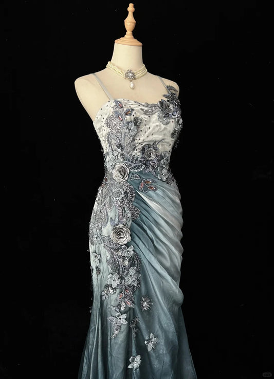 Elegant Chiffon Mermaid Spaghetti Strap Sequined Applique Long Prom Dresses🎐 Formal Evening Dresses  ED01646