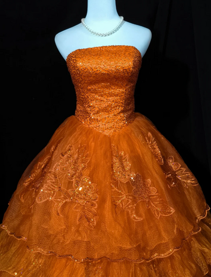Retro Orange A-Line Strapless Tulle Sequin Long Prom Dress Gorgeous Sweet 16 Dress Quinceanera Dress ED01650
