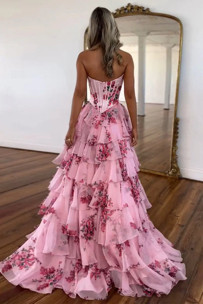 Robe de bal longue en mousseline de soie à imprimé floral, coupe trapèze, à volants et fente, ED01652