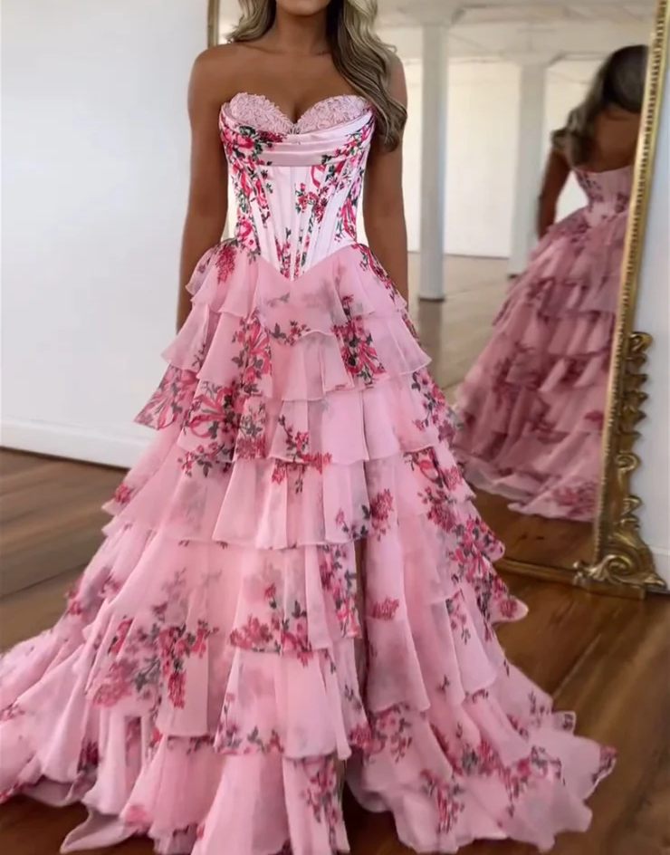Robe de bal longue en mousseline de soie à imprimé floral, coupe trapèze, à volants et fente, ED01652