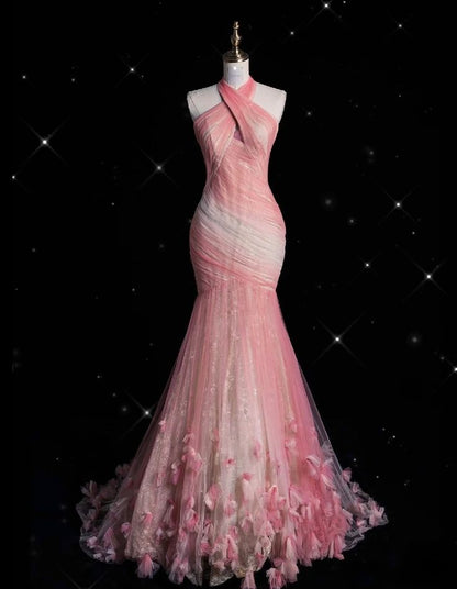 Pink Mermaid Halter Neck Tulle Long Prom Dress Sweet 16 Dress ED01653
